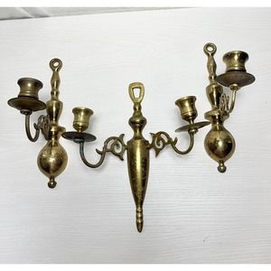 3 Solid Brass Wall Mount Candle Sconces Candlesticks 10" Tall Boho